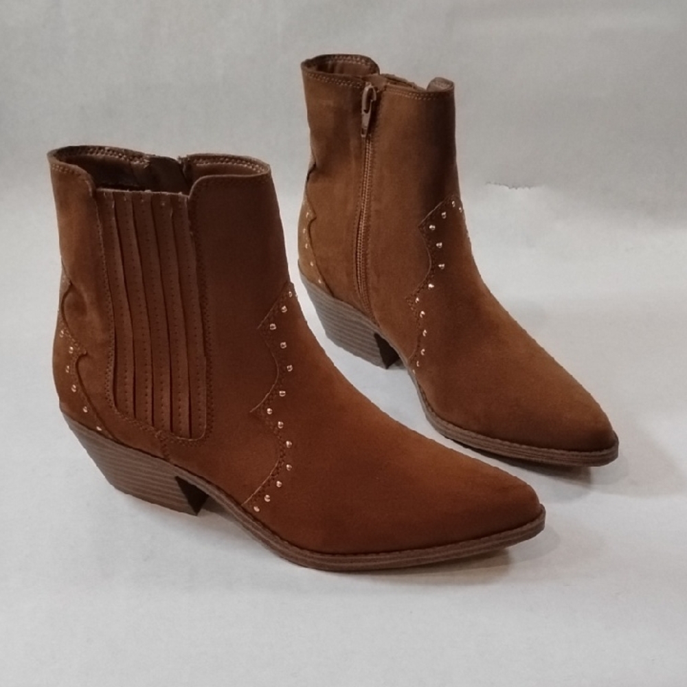 New Women 8 Boot Tan Ankle Booties Faux Suede Blink Western Shoe Block Heel Boho